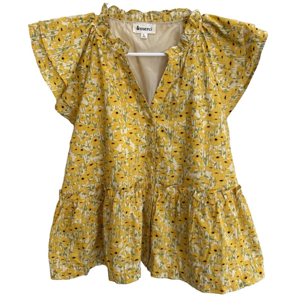 &Merci Womens Blouse Floral Flutter Sleeve Sz Large Cotton Poplin Y2K Lined